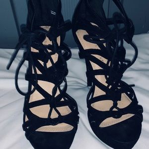 Black lace up high heels
